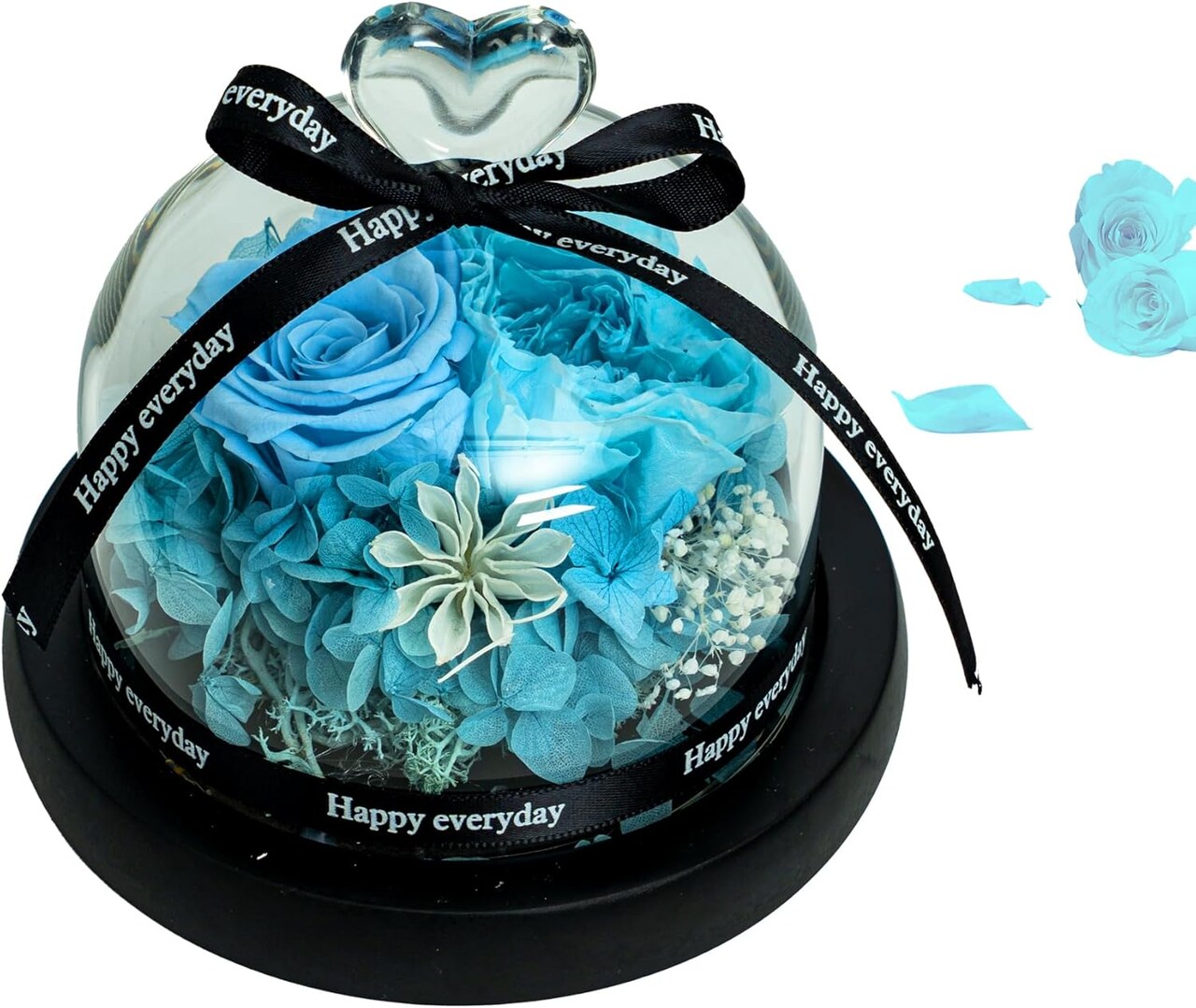 Eternal Rose in Rotating LED Glass Dome - Real Preserved Roses with 6 LED Lights, Battery Operated Valentine's for Women - Home Décor & Anniversary Present(Blue)